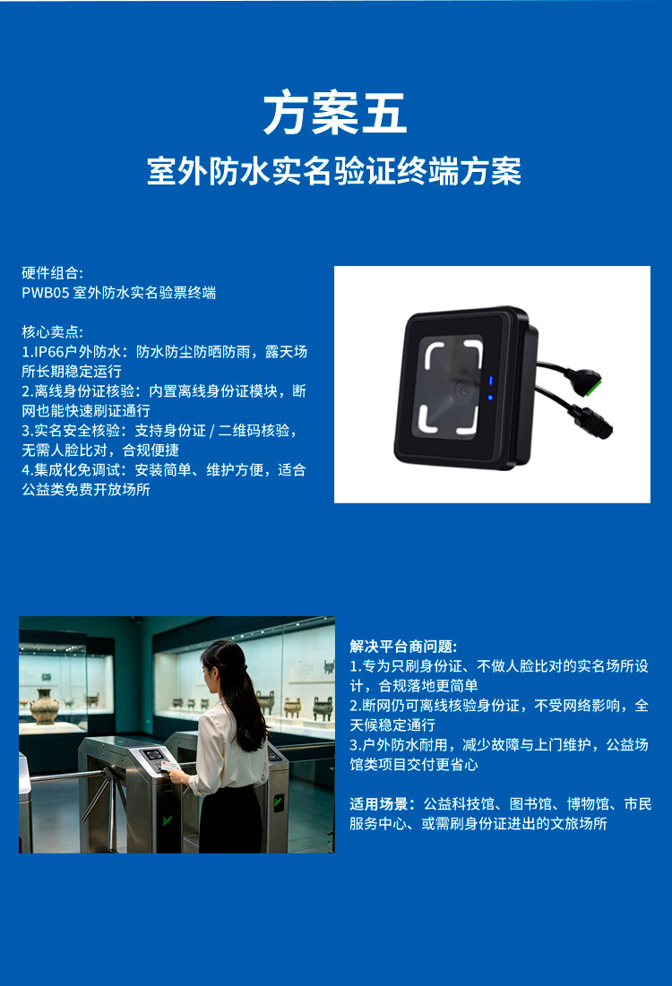景区检票全场景解决方案详情页 方案五 室外防水实名验证终端方案